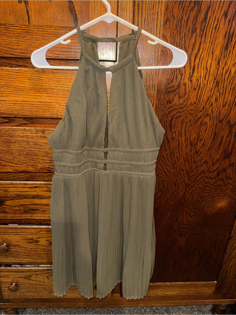 H&M Olive Green Pleated Halter Midi Dress
